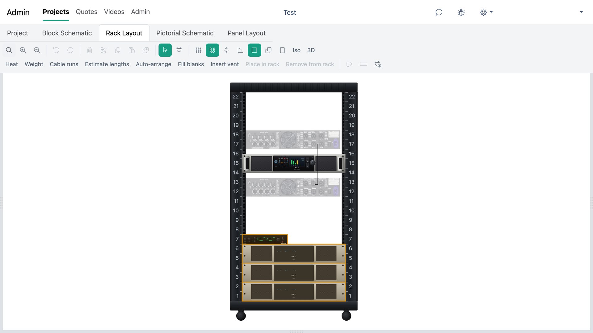 A rack layout: equipment mounted in rack enclosures, drawn to scale